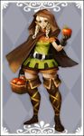  apple belt boots braid brown_eyes cloak dragon's_crown elf elf_(dragon's_crown) food fruit gloves highres hips holding holding_food holding_fruit hood lips pointy_ears shorts solo thigh_boots thighhighs trickyagura twin_braids white_hair wide_hips 