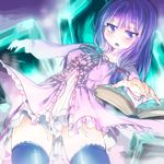  adapted_costume bad_id bad_pixiv_id book bow crystal fingernails geppewi hair_bow jitome long_fingernails long_hair magic nail_polish no_hat no_headwear patchouli_knowledge purple_eyes purple_hair solo thighhighs touhou zettai_ryouiki 