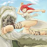  angry ankle_lace-up barefoot blood clenched_hands cross-laced_footwear dirty_feet dress feet fighting_stance geetgeet highres jewelry kicking magi_the_labyrinth_of_magic morgiana necklace red_hair solo toe_scrunch white_dress 