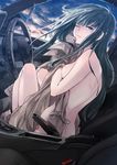  black_hair breasts car car_interior coat darker_than_black ground_vehicle hazuki_mina_(darker_than_black) long_hair medium_breasts motor_vehicle nude ocha_(oteaaa) one_eye_closed purple_eyes right-hand_drive sideboob sitting solo steering_wheel tears 