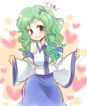  bare_shoulders blue_eyes blush detached_sleeves frog_hair_ornament green_hair hair_ornament heart kochiya_sanae long_hair looking_at_viewer messy_hair mokku sketch smile snake_hair_ornament solo ten_desires touhou wavy_hair 