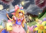  alice_(wonderland) alice_in_wonderland apron bad_id bad_pixiv_id blonde_hair bow bracelet building castle choker cloud dress field flower glowing hair_bow heart jewelry jigsaw_puzzle moon open_mouth original outdoors purple_eyes puzzle puzzle_piece sky solo surreal yuzu_izumi 