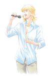  aka_hisagi bad_id bad_pixiv_id barnaby_brooks_jr blonde_hair closed_eyes colored_pencil_(medium) glasses jewelry male_focus microphone music necklace singing solo tiger_&amp;_bunny traditional_media 