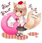  animal_ears bad_id bad_pixiv_id blonde_hair chibi fang geta hat inubashiri_momiji kujaku_renka red_eyes silver_hair solo tabi tail tail_wagging tokin_hat touhou translated wolf_ears wolf_tail 