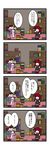  2girls 4koma black_wings book bookshelf comic crescent dora_ita hat head_wings highres koakuma long_hair multiple_girls necktie patchouli_knowledge purple_hair red_hair shelf sweatdrop touhou translated wings 