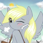  blonde_hair cloud derpy_hooves derpy_hooves_(mlp) envelope equine female feral friendship_is_magic letter looking_at_viewer mail mammal messenger_bag my_little_pony my_little_pony:_friendship_is_magic one_eye_closed pegasus sky solo sun unknown_artist wings wink 