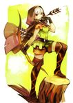  arrow bad_id bad_pixiv_id boots bow_(weapon) braid cloak dragon's_crown elf elf_(dragon's_crown) hood mon_(sugimo321) pointy_ears red_eyes solo thigh_boots thighhighs tree_stump twin_braids weapon white_hair 