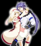  1girl :d :o ahoge alice_(tales) black_gloves blonde_hair blue_eyes boots bracelet couple decus gloves hand_on_hip happy hetero jacket jewelry long_hair open_mouth pants ponytail purple_hair short_hair smile tales_of_(series) tales_of_symphonia tales_of_symphonia_knight_of_ratatosk utakata_masara veil white_bloomers yellow_eyes 