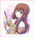  blue_eyes brown_hair jacket long_hair makise_kurisu necktie pen solo soukuu_kizuna steins;gate 