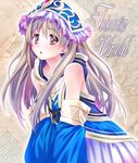 :o atelier_(series) atelier_totori bare_shoulders blue_dress blue_sleeves blush brown_background character_name dress frills hairband lolita_hairband long_hair looking_at_viewer parted_lips sitting solo sumeragi_hamao tareme totooria_helmold 