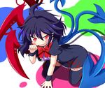  ahoge all_fours asymmetrical_wings black_dress black_hair black_legwear blue_wings blush dress fang houjuu_nue kneeling open_mouth paw_pose pointy_ears red_eyes red_wings rindou_(p41neko) solo thighhighs touhou ufo wings wristband zettai_ryouiki 