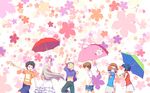  3girls animal_themed_umbrella anjou_naruko ano_hi_mita_hana_no_namae_wo_bokutachi_wa_mada_shiranai. black_hair blue_eyes brown_hair dress everyone furai glasses hair_bobbles hair_ornament hands_in_pockets highres hisakawa_tetsudou honma_meiko matsuyuki_atsumu multiple_boys multiple_girls open_mouth shorts silver_hair skirt tsurumi_chiriko umbrella wallpaper yadomi_jinta younger 