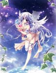  absurdres ahoge aquarian_age barefoot elf flower flower_necklace hair_flower hair_ornament highres izumi_tsubasu jewelry leaf leg_ribbon legband navel necklace pointy_ears ribbon rose single_thighhigh sky solo star_(sky) starry_sky thighhighs wings 