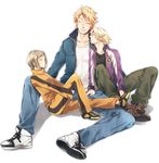  2boys bad_id bad_pixiv_id blonde_hair blue_jacket bomber_jacket bruce_lee's_jumpsuit denim huang_baoling ivan_karelin jacket jeans jumpsuit keith_goodman letterman_jacket multiple_boys pants purple_jacket shoes short_hair sleeping sneakers sushiko15 tiger_&amp;_bunny 