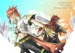  asch bad_id bad_pixiv_id belt coat fingerless_gloves gloves green_eyes long_hair luke_fon_fabre midriff mizuno_haruhi multiple_boys pants red_hair serious sidelocks sword tales_of_(series) tales_of_the_abyss weapon 