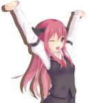  arms_up bad_id bad_pixiv_id head_wings highres koakuma long_hair nasupocky necktie one_eye_closed open_mouth red_eyes red_hair red_neckwear skirt solo stretch touhou upper_body vest yawning 