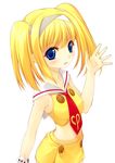  blonde_hair blue_eyes blush cp-ko kinoshita_ichi midriff necktie simple_background solo twintails waving white_background yellow 