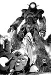  armor choujikuu_yousai_macross city cockpit comic damaged esbeliben giant greyscale helmet highres macross macross:_do_you_remember_love? macross:_the_first mecha mikimoto_haruhiko military military_uniform monochrome no_humans non-web_source regult ruins scan spacesuit uniform walker you_gonna_get_raped zentradi 