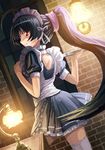  ahoge black_hair brick_wall hair_ribbon hokuto_shinken jewelpet_(series) jewelpet_sunshine lamp long_hair looking_back maid maid_headdress mizushiro_kanon ponytail ribbon running_bond smile solo thighhighs tray very_long_hair waitress window zettai_ryouiki 