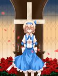  alice_margatroid alice_margatroid_(pc-98) altar arms_behind_back blonde_hair blouse blue_hairband bow bowtie candle closed_eyes cross flower hair_ribbon hairband nanatuki13 petals red_flower red_rose ribbon rose short_hair skirt smile solo suspenders touhou touhou_(pc-98) 