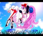  3321 baseball baseball_cap baseball_mitt belt blue_eyes bubble_blowing chewing_gum day full_body gloves grass hat long_hair pants pink_hair shoes shoujo_kakumei_utena sky sneakers solo sport tenjou_utena 