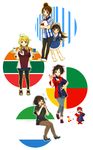  7-eleven :3 :d :o ahoge akiko-chan atm bad_id bad_pixiv_id black_hair blonde_hair blue_eyes boots brown_eyes brown_hair circle_k_sunkus convenience_store eating employee_uniform familymart gime glasses hair_bun highres lawson leggings long_hair multiple_girls one_eye_closed open_mouth pants personification ponytail shoes shop short_hair smile twintails uniform 