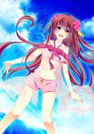  ahoge axis_powers_hetalia bikini blush bow brown_hair cloud day flower hair_flower hair_ornament highres long_hair muzuki_uruu navel pink_eyes sky smile solo swimsuit taiwan_(hetalia) 