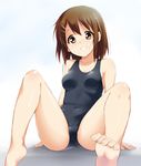 barefoot brown_eyes brown_hair feet grin hirasawa_yui k-on! kaiga long_legs looking_at_viewer one-piece_swimsuit pov_feet school_swimsuit short_hair smile soles solo spread_legs swimsuit toe_scrunch toes 