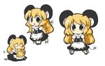  :3 animal_ears bad_id bad_pixiv_id black_dress blonde_hair blush cheese chibi closed_eyes dress eating food hands_on_hips highres kemonomimi_mode kirisame_marisa mouse_ears mouse_marisa mouse_tail multiple_views open_mouth sitting standing tail touhou yellow_eyes yuasan 