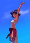  arm_up armband armpits bare_shoulders blue_eyes bob_cut bodao8 bracelet cowboy_shot dark_skin earrings fushigi_no_umi_no_nadia jewelry loincloth looking_back midriff nadia one_eye_closed pelvic_curtain purple_hair short_hair smile solo strapless stretch tubetop 