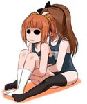  :3 black_legwear brown_hair hairband hug hug_from_behind idolmaster idolmaster_(classic) leg_hug long_hair minase_iori multiple_girls no_eyes no_shoes one-piece_swimsuit school_swimsuit sitting socks swimsuit takatsuki_yayoi thighhighs ttomm twintails white_legwear 