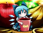  :3 apple banana blue_dress blue_eyes blue_hair blush bow cat chibi cirno cup dress food fruit grapes hair_bow lilish minigirl object_hug short_hair sitting solo touhou wings 