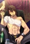  alcohol animal_print bad_id bad_pixiv_id bandages benisukemax blonde_hair bottle bracelet brown_eyes brown_hair cup drinking_glass drunk facial_hair jewelry kaburagi_t_kotetsu male_focus male_underwear ring shirtless solo_focus stubble tiger_&amp;_bunny tiger_print translation_request underwear vest watch wedding_band wine_glass wristwatch 