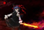  akenoin_soumon bad_id bad_pixiv_id blue_hair cloud dress full_moon glaring glowing gothic_lolita hair_ribbon hat lolita_fashion mini_hat mini_top_hat moon night original pantyhose red_eyes red_moon ribbon short_hair skirt skirt_lift solo sword top_hat weapon 