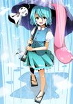  akasaka_shop bad_id bad_pixiv_id blue_eyes blue_hair blush bow heterochromia highres karakasa_obake open_mouth puddle purple_umbrella rain red_eyes short_hair skirt solo tatara_kogasa teruterubouzu tongue touhou umbrella 