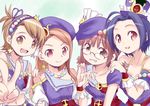  akizuki_ritsuko asymmetrical_clothes bare_shoulders beret blue_hair blush brown_eyes brown_hair ds_(ndsl) futami_ami grin hat idolmaster idolmaster_(classic) idolmaster_2 long_hair minase_iori miura_azusa multiple_girls open_mouth palace_of_dragon_(idolmaster) red_eyes ryuuguu_komachi short_hair side_ponytail smile v 