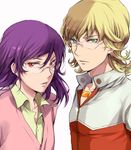  bad_id bad_pixiv_id barnaby_brooks_jr blonde_hair cardigan crossover glasses green_eyes gundam gundam_00 hibiki_(bagawa) jacket jewelry male_focus multiple_boys necklace parody purple_hair red_eyes red_jacket tieria_erde tiger_&amp;_bunny 