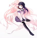  akemi_homura bad_id bad_pixiv_id black_hair boots bow closed_eyes colxy dress gloves hair_bow hug hug_from_behind kaname_madoka long_hair magical_girl mahou_shoujo_madoka_magica multiple_girls pantyhose pink_hair purple_eyes simple_background sitting skirt spoilers thigh_boots thighhighs ultimate_madoka white_dress white_gloves 