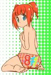  ass back barefoot blue_eyes brown_hair covering covering_breasts feet from_behind halftone halftone_background idolmaster idolmaster_(classic) looking_back panties petite plantar_flexion short_twintails sitting soles solo takatsuki_yayoi topless ttomm twintails underwear wariza 