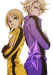  1girl back-to-back bad_id bad_pixiv_id blonde_hair bodysuit bruce_lee's_jumpsuit crossed_arms green_eyes huang_baoling ivan_karelin jacket jumpsuit letterman_jacket maruboku orange_bodysuit pointing pout purple_bodysuit purple_eyes purple_jacket short_hair tiger_&amp;_bunny 