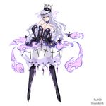  breasts chandelure cleavage costume crown daive elbow_gloves fire gen_5_pokemon gloves highres lipstick makeup medium_breasts personification pointy_ears pokemon purple_fire purple_hair shadow simple_background solo white_background yellow_eyes 