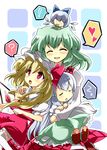  4girls ? ascot blonde_hair blue_hair blush bow cirno closed_eyes dress ex-keine fairy flandre_scarlet green_hair hair_bow hat heart horn_ribbon horns kamishirasawa_keine kazami_yuuka long_hair motherly multiple_girls red_eyes ribbon short_hair side_ponytail sleeping smile spoken_heart tail touhou wings younger yuzuyunagi zzz 