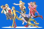  6+boys antonio_lopez bad_id bad_pixiv_id baozi barnaby_brooks_jr blonde_hair blue_eyes blue_jacket bodysuit bomber_jacket boots bracelet brown_eyes brown_hair brown_legwear bruce_lee's_jumpsuit cabbie_hat carrying covering_eyes cropped_jacket dark_skin dragging eating facial_hair fingernails food glasses green_eyes hat heart high_heels hiyokko_ep huang_baoling ivan_karelin jacket jewelry jumpsuit kaburagi_t_kotetsu karina_lyle keith_goodman letterman_jacket lipstick long_hair makeup multiple_boys multiple_girls nathan_seymour necktie pink_eyes pink_hair princess_carry purple_jacket red_jacket running salute shoes short_hair shoulder_carry simple_background stubble thighhighs tiger_&amp;_bunny waistcoat watch wristwatch yellow_bodysuit zettai_ryouiki 