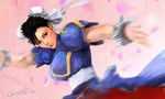  bracelet brown_eyes brown_hair bun_cover china_dress chinese_clothes chocobo_(artist) chun-li double_bun dress jewelry motion_blur pantyhose pelvic_curtain sash solo spiked_bracelet spikes street_fighter 