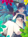 animal_ears bat_wings blue_eyes hair_ribbon hands_clasped highres hirokiku leaf long_hair midriff original own_hands_together ribbon sitting solo tree twintails wings 