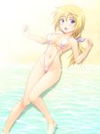  barefoot bikini blonde_hair blush breasts charlotte_dunois cleavage infinite_stratos long_hair long_legs lying masakichi_(crossroad) medium_breasts navel o-ring o-ring_top on_back open_mouth purple_eyes sand sideboob slingshot_swimsuit solo swimsuit 