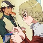  aqua_eyes barnaby_brooks_jr blonde_hair blue_eyes brown_eyes brown_hair cabbie_hat eating facial_hair food glasses green_eyes hat hot_dog jacket jewelry juice_box kaburagi_t_kotetsu male_focus mouth_hold multiple_boys necktie red_jacket ring stubble taihei_hiromi tiger_&amp;_bunny vest 