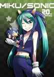  anniversary aqua_eyes aqua_hair caffein cosplay crossover gloves hatsune_miku highres hood hoodie in_palm navel one_eye_closed project_diva_(series) project_diva_extend smile sonic sonic_(cosplay) sonic_the_hedgehog twintails vocaloid 