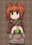  bag brown_hair frog green_eyes handbag idolmaster idolmaster_(classic) petite plaid plaid_background scarf short_twintails smile solo takatsuki_yayoi ttomm twintails upper_body 