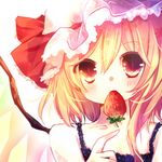  alternate_costume bad_id bad_pixiv_id bare_shoulders blonde_hair blue_dress blush close-up dress eating face flandre_scarlet food fruit hand_on_own_chest hat kusada_souta red_eyes side_ponytail slit_pupils solo strawberry touhou upper_body wings 